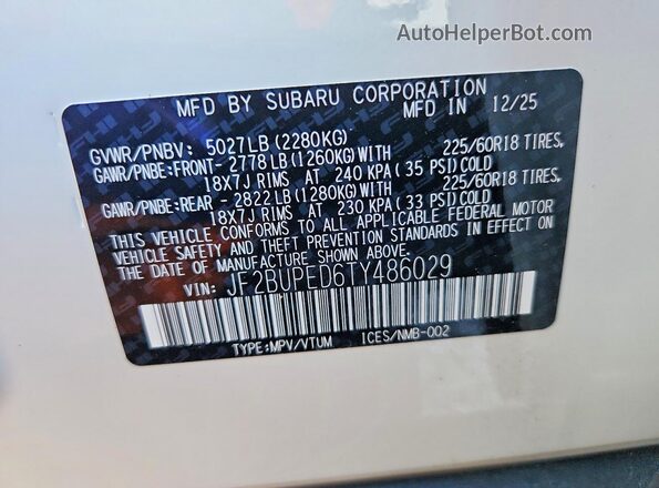 JF2BUPED6TY486029 2026 SUBARU OUTBACK White 