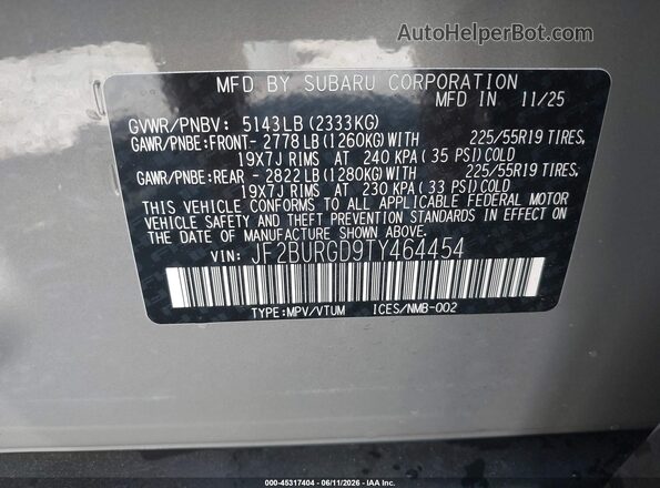 JF2BURGD9TY464454 2026 SUBARU OUTBACK Gray Widok komory silnika