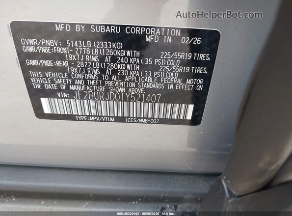 JF2BURJD0TY521407 2026 SUBARU OUTBACK Silver 