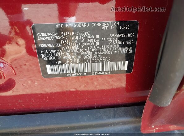 JF2BURJDXTY455562 2026 SUBARU OUTBACK Red Вид підкапотного простору