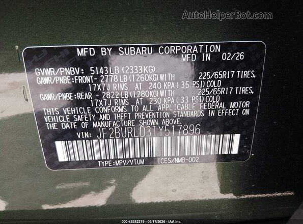 JF2BURLD3TY517896 2026 SUBARU OUTBACK Green Շարժիչի բաժամունքի տեսք