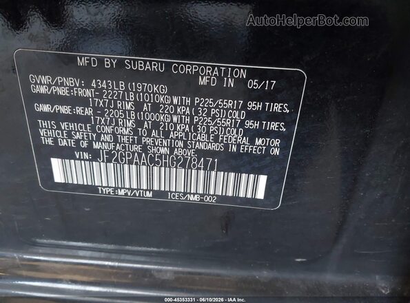 JF2GPAAC5HG278471 2017 SUBARU CROSSTREK Black Vista del compartimento del motor