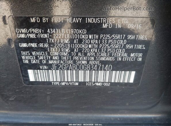 JF2GPABC0G8347140 2016 SUBARU CROSSTREK Gray Engine compartment view