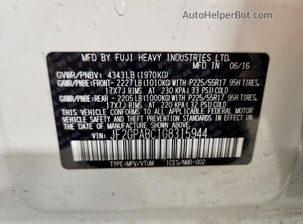 JF2GPABC1G8315944 2016 SUBARU CROSSTREK White VIN կոդի պիտակի տեսք