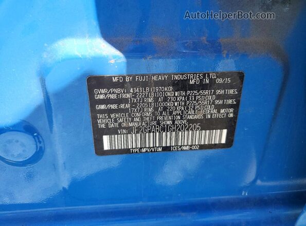 JF2GPABC1GH202205 2016 SUBARU CROSSTREK Blue VIN կոդի պիտակի տեսք