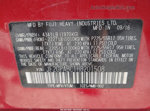 JF2GPABC1H8201508 2017 SUBARU CROSSTREK Red 