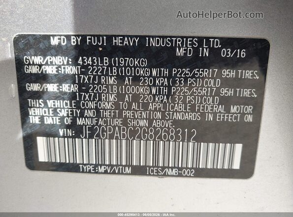 JF2GPABC2G8268312 2016 SUBARU CROSSTREK Silver ძრავის განყოფილების ხედი