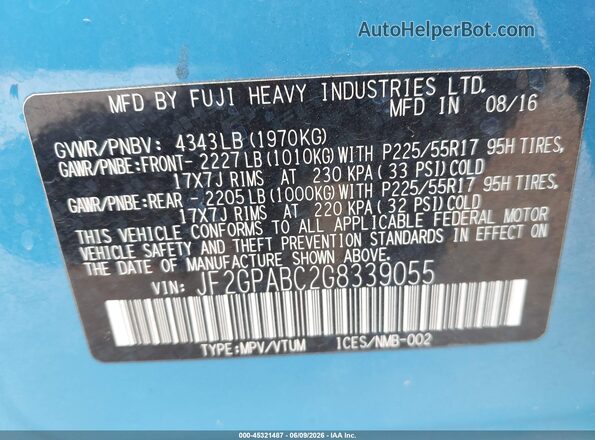 JF2GPABC2G8339055 2016 SUBARU CROSSTREK Blue Вид підкапотного простору