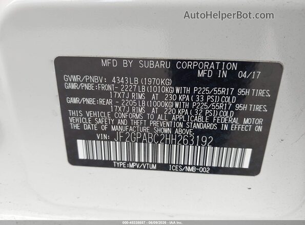 JF2GPABC2HH263192 2017 SUBARU CROSSTREK White Вид підкапотного простору