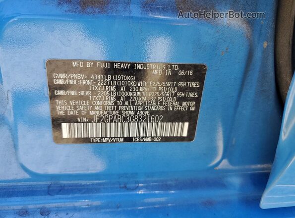 JF2GPABC3G8321602 2016 SUBARU CROSSTREK Синий Панорамный вид салона 360°