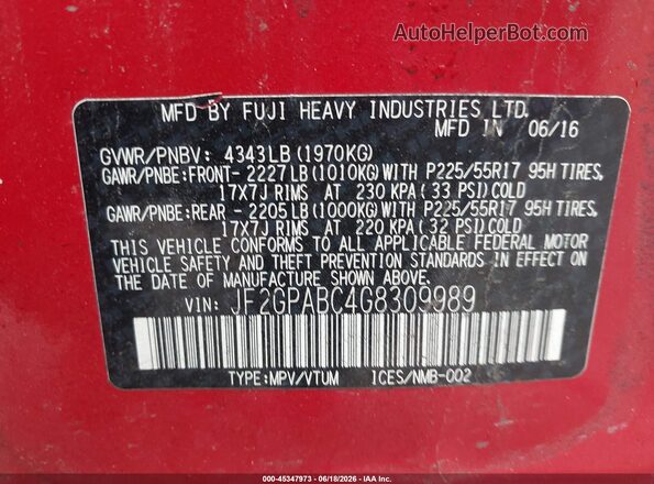 JF2GPABC4G8309989 2016 SUBARU CROSSTREK Red Vista del compartimento del motor