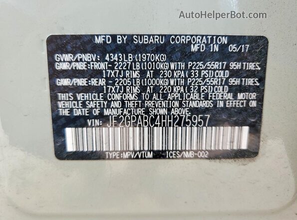 JF2GPABC4HH275957 2017 SUBARU CROSSTREK Green VIN sticker view