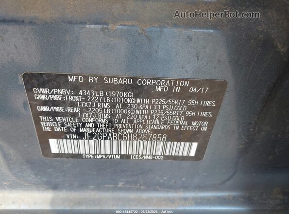 JF2GPABC6H8267858 2017 SUBARU CROSSTREK Blue ძრავის განყოფილების ხედი