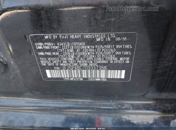 JF2GPABC7G9337358 2016 SUBARU CROSSTREK Black Շարժիչի բաժամունքի տեսք