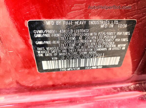 JF2GPABC7H8232911 2017 SUBARU CROSSTREK Burgundy 