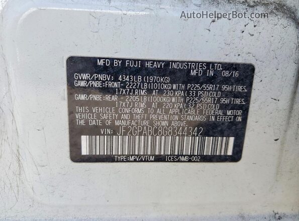 JF2GPABC8G8344342 2016 SUBARU CROSSTREK White 
