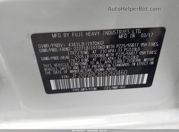 JF2GPABC8H8260460 2017 SUBARU CROSSTREK White 