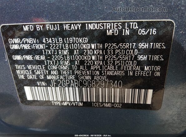 JF2GPABC9G8297340 2016 SUBARU CROSSTREK Blue Շարժիչի բաժամունքի տեսք