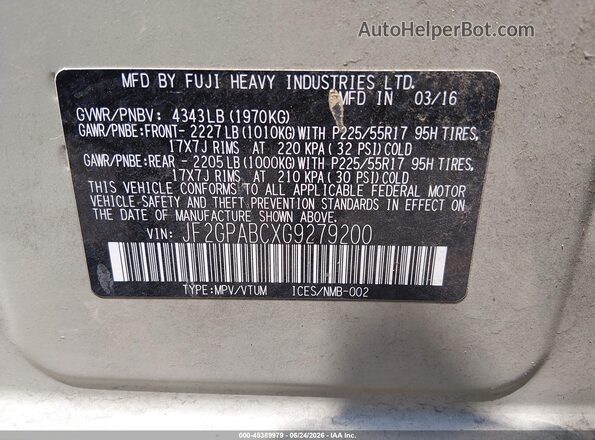 JF2GPABCXG9279200 2016 SUBARU CROSSTREK Beige Շարժիչի բաժամունքի տեսք