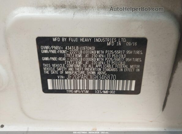 JF2GPABCXGH346870 2016 SUBARU CROSSTREK White Շարժիչի բաժամունքի տեսք
