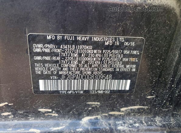 JF2GPADC0G8309548 2016 SUBARU CROSSTREK Charcoal VIN կոդի պիտակի տեսք