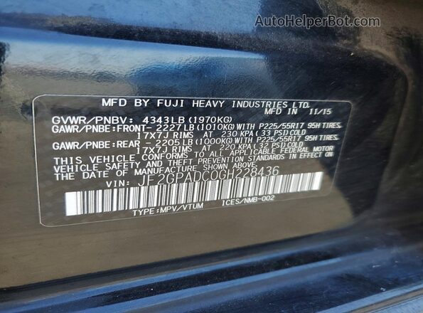 JF2GPADC0GH228436 2016 SUBARU CROSSTREK Black Widok naklejki z numerem VIN