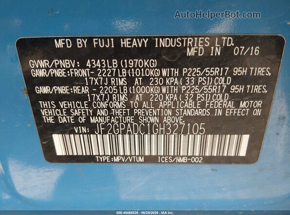 JF2GPADC1GH327105 2016 SUBARU CROSSTREK Синий Вид подкапотного пространства