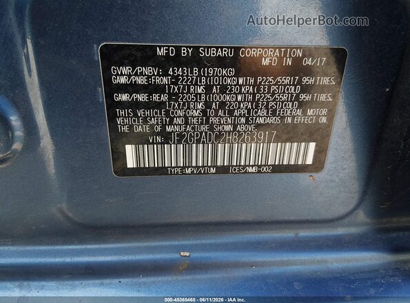 JF2GPADC2H8263917 2017 SUBARU CROSSTREK Синий Вид подкапотного пространства