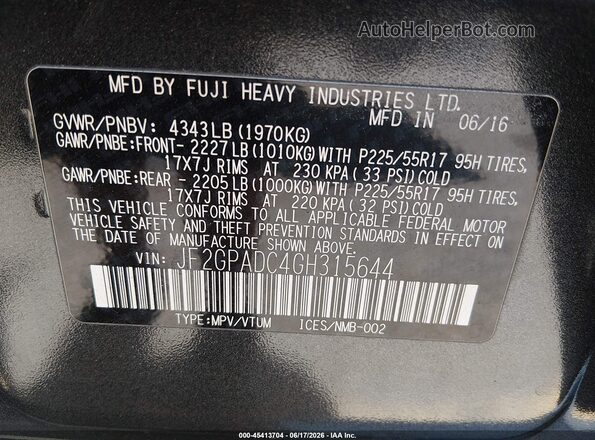 JF2GPADC4GH315644 2016 SUBARU CROSSTREK Gray ძრავის განყოფილების ხედი