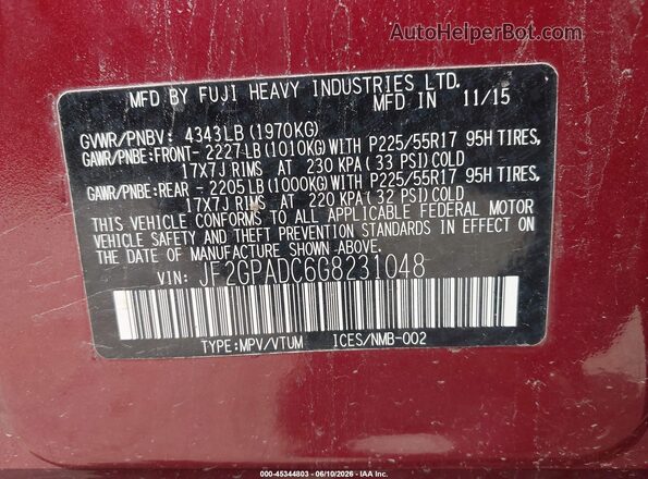 JF2GPADC6G8231048 2016 SUBARU CROSSTREK Maroon Engine compartment view