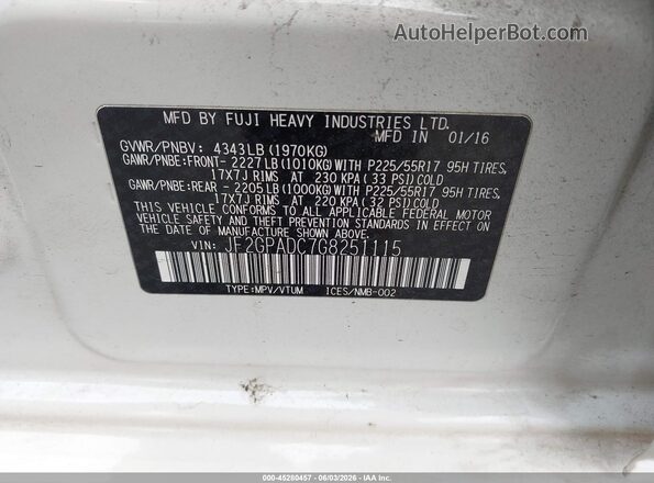 JF2GPADC7G8251115 2016 SUBARU CROSSTREK White Vista del compartimento del motor