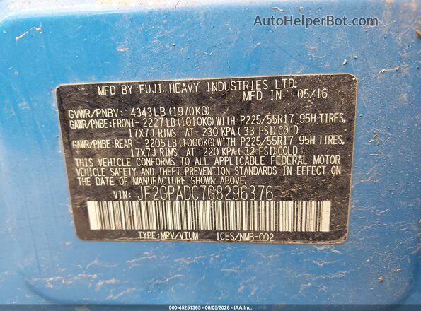JF2GPADC7G8296376 2016 SUBARU CROSSTREK Blue ძრავის განყოფილების ხედი