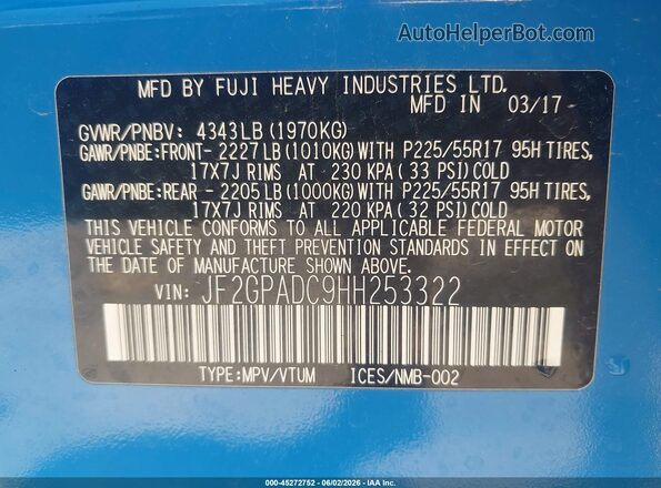 JF2GPADC9HH253322 2017 SUBARU CROSSTREK Blue Շարժիչի բաժամունքի տեսք