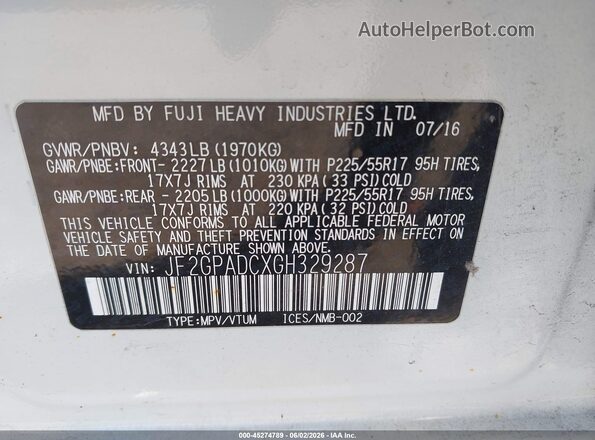 JF2GPADCXGH329287 2016 SUBARU CROSSTREK White Engine compartment view
