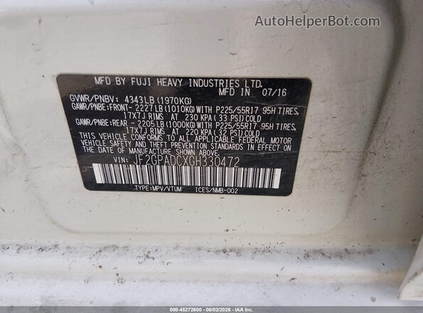 JF2GPADCXGH330472 2016 SUBARU CROSSTREK White Вид підкапотного простору