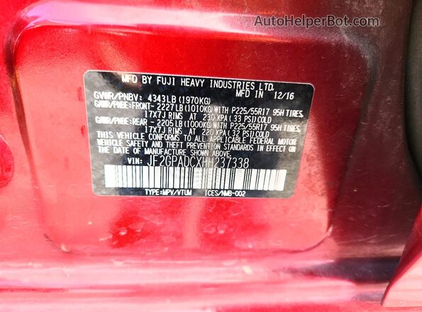 JF2GPADCXHH237338 2017 SUBARU CROSSTREK Red VIN sticker view