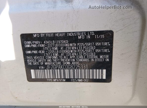 JF2GPAKC0G8225331 2016 SUBARU CROSSTREK White Engine compartment view