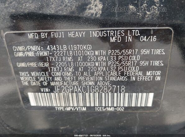 JF2GPAKC1G8282718 2016 SUBARU CROSSTREK Black Вид підкапотного простору