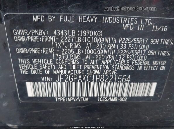 JF2GPAKC1H8221564 2017 SUBARU CROSSTREK Black Engine compartment view