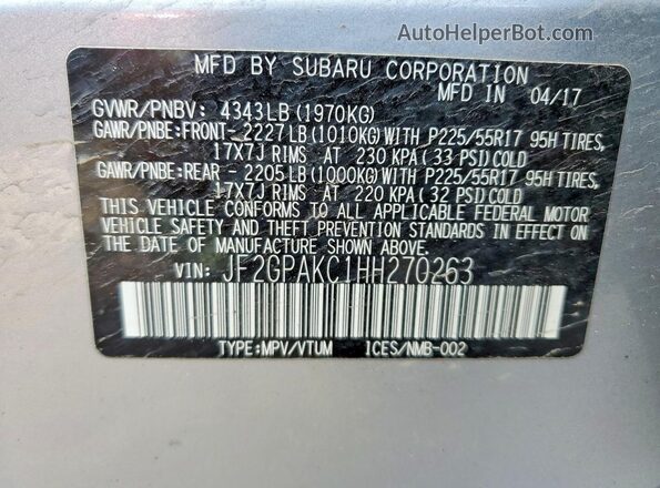 JF2GPAKC1HH270263 2017 SUBARU CROSSTREK Серебряный Вид подкапотного пространства
