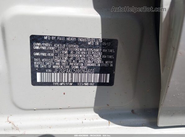 JF2GPAKC5HH261601 2017 SUBARU CROSSTREK Кремовый Вид подкапотного пространства