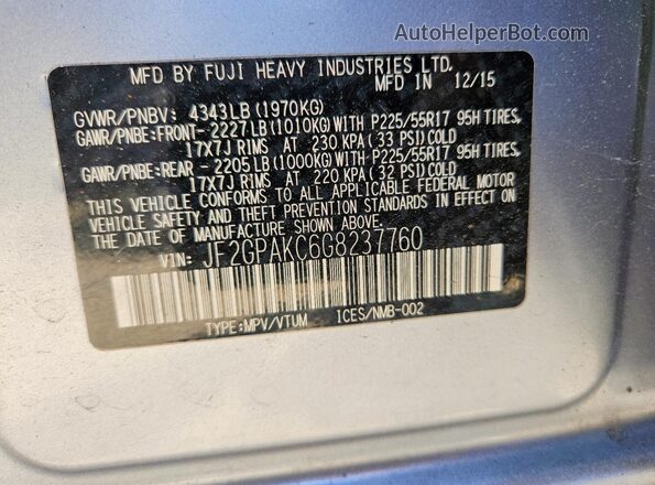 JF2GPAKC6G8237760 2016 SUBARU CROSSTREK Silver Vista interior de 360 grados