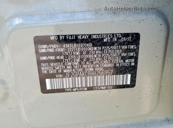 JF2GPAKC8HH256957 2017 SUBARU CROSSTREK Beige VIN կոդի պիտակի տեսք