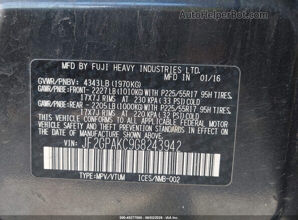 JF2GPAKC9G8243942 2016 SUBARU CROSSTREK Gray Շարժիչի բաժամունքի տեսք