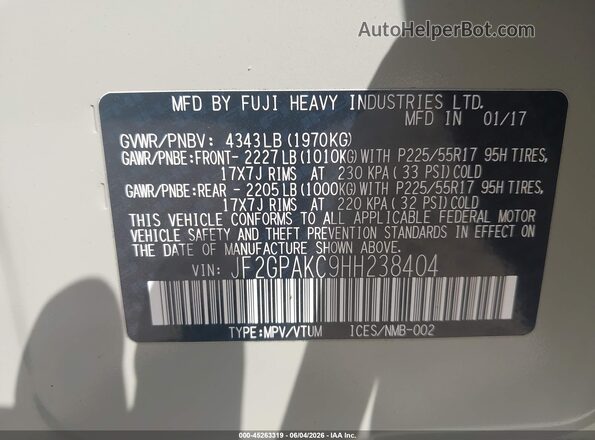 JF2GPAKC9HH238404 2017 SUBARU CROSSTREK Cream Շարժիչի բաժամունքի տեսք