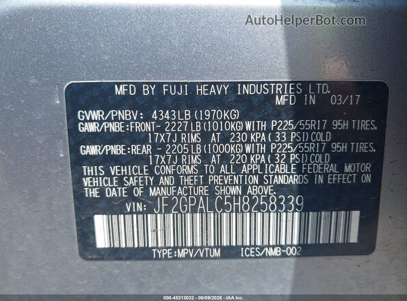 JF2GPALC5H8258339 2017 SUBARU CROSSTREK Silver Вид підкапотного простору
