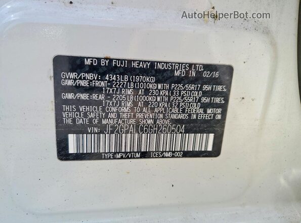 JF2GPALC6GH260504 2016 SUBARU CROSSTREK Белый Вид наклейки с VIN-кодом