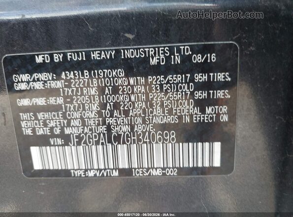 JF2GPALC7GH340698 2016 SUBARU CROSSTREK Gray Engine compartment view