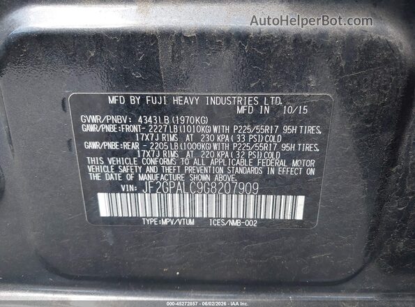 JF2GPALC9G8207909 2016 SUBARU CROSSTREK Gray ძრავის განყოფილების ხედი