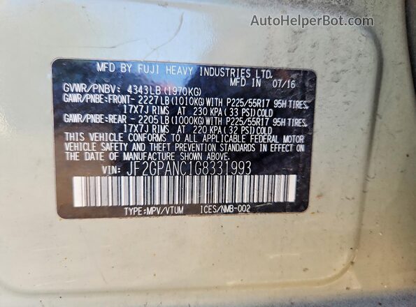 JF2GPANC1G8331993 2016 SUBARU CROSSTREK Tan Engine compartment view